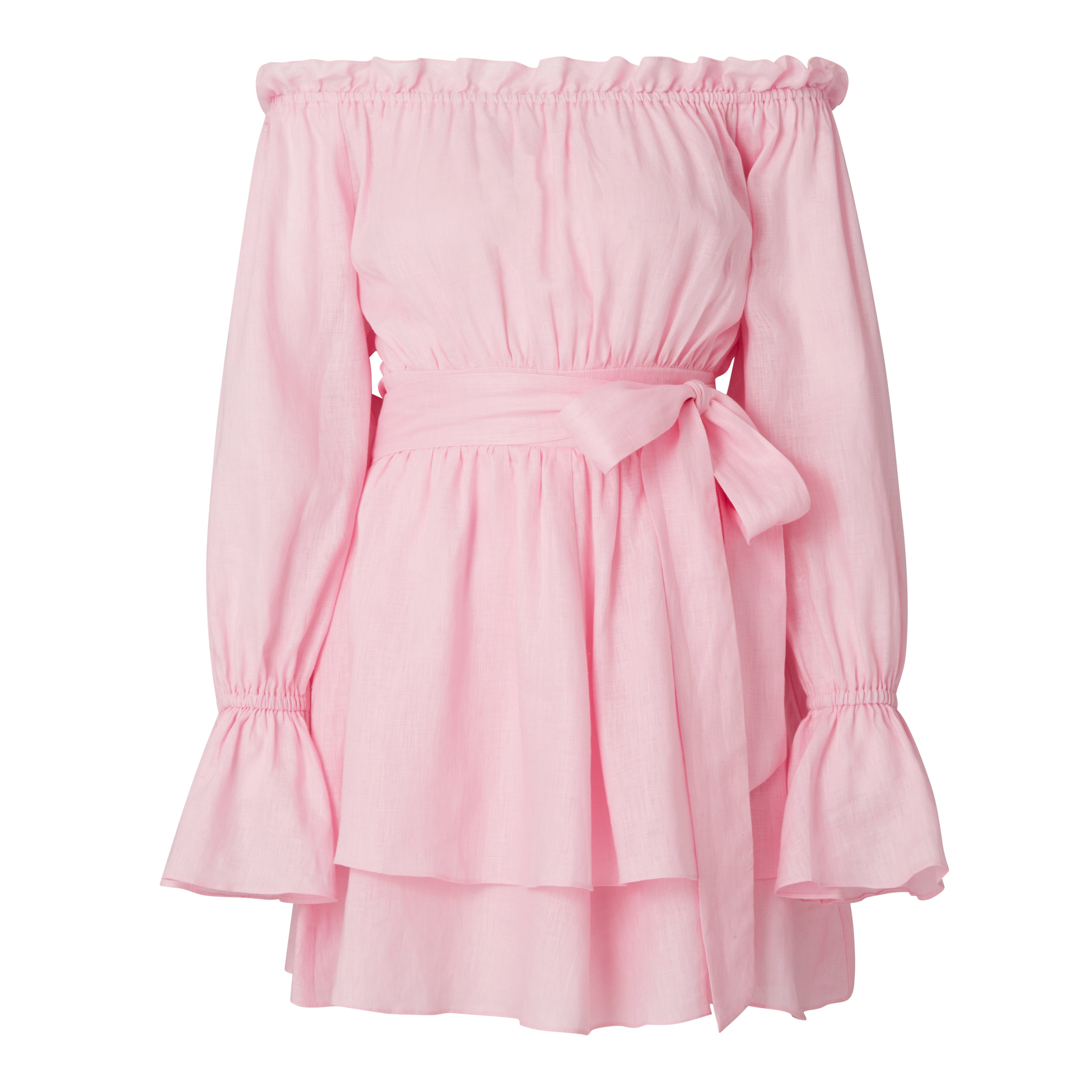 Pink linen dress, premium resort wear, rosa linneklänning Off shoulders 
